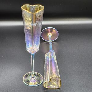 Heart Shape Gold Rimmed Iridescent Champagne‎ Flute Glass Drinkware 5oz Set Of 2